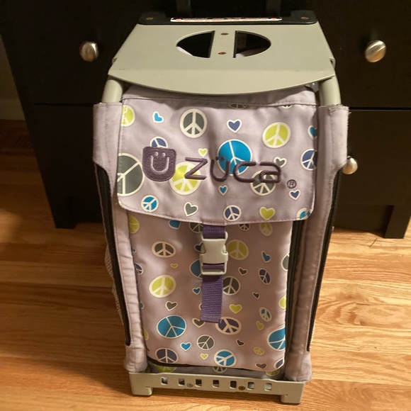 Zuca Bags Zuca Bag Black And Grey Frame With Purple Peace Signs And